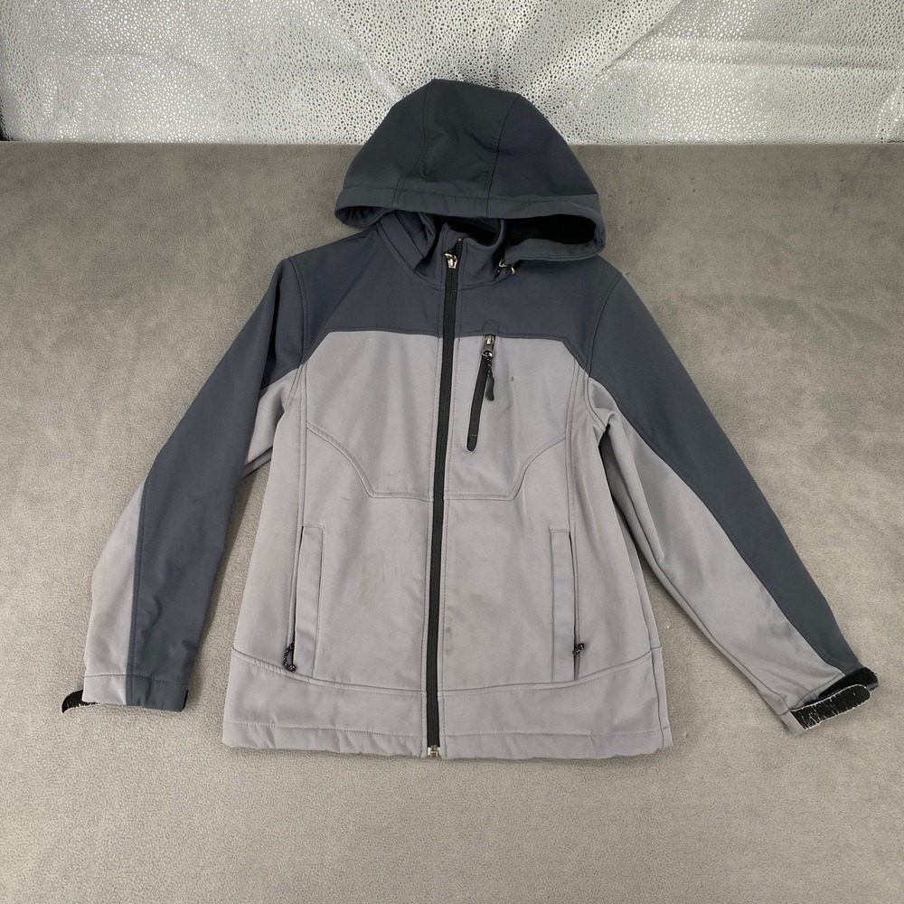 Snozu Boys‎ Grey Softshell Hooded Jacket Size M 10/12 Full Zip Fleece Lined